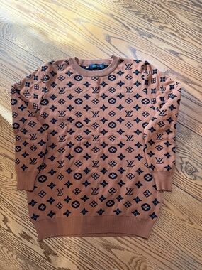 Women's Brown Patterned Crewneck Sweater - Luxury Monogram Style